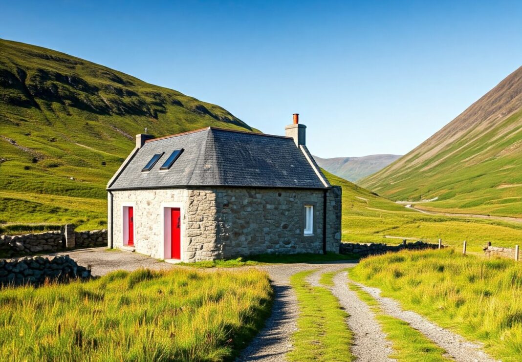 A house is pictured in a Scottish highland.