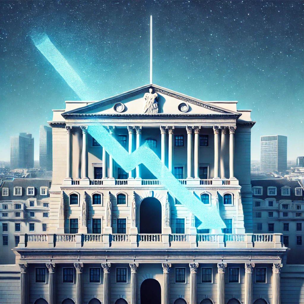 A blue arrow is pointing down over the Bank of England