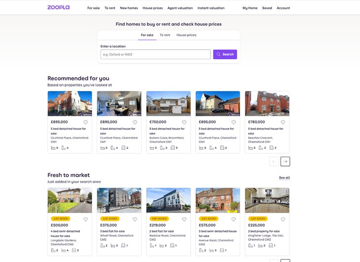 zoopla personalised home page