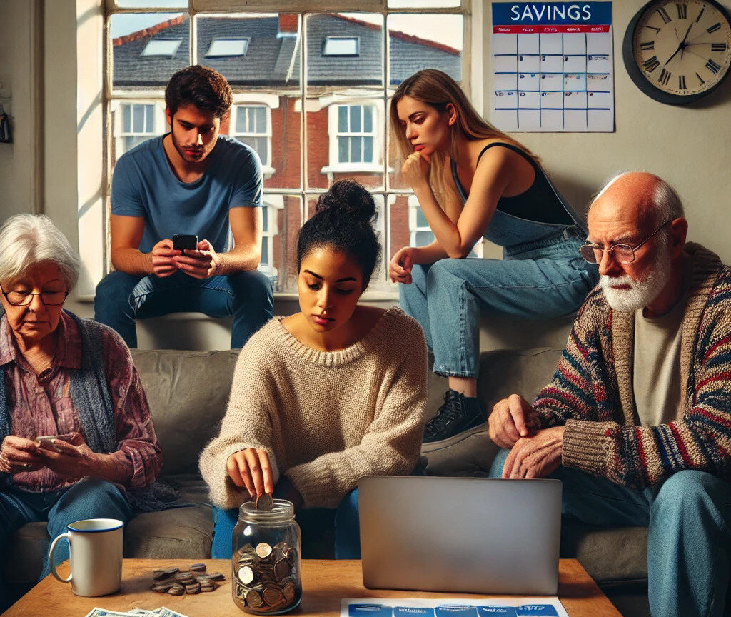 A group of diverse UK tenants reflecting various ages and backgrounds sitting in a modest living room and are thoughtfully managing finances.