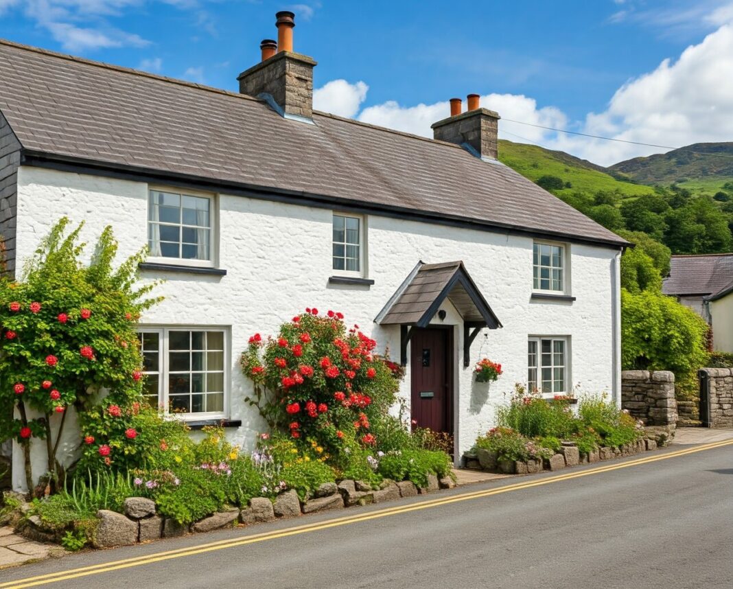 A white cottage is pictured in the Welsh countryside.