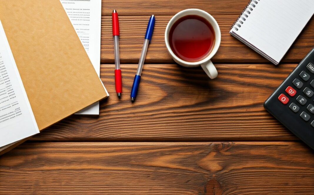 Picture shows an ariel view of a desk with a cup of coffee, pens and paper and a calculator