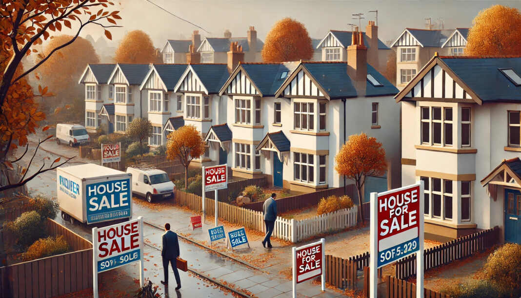 A busy real estate market scene in the UK during Autumn, with houses for sale signs in front of various homes, but with a subdued, calm atmosphere.