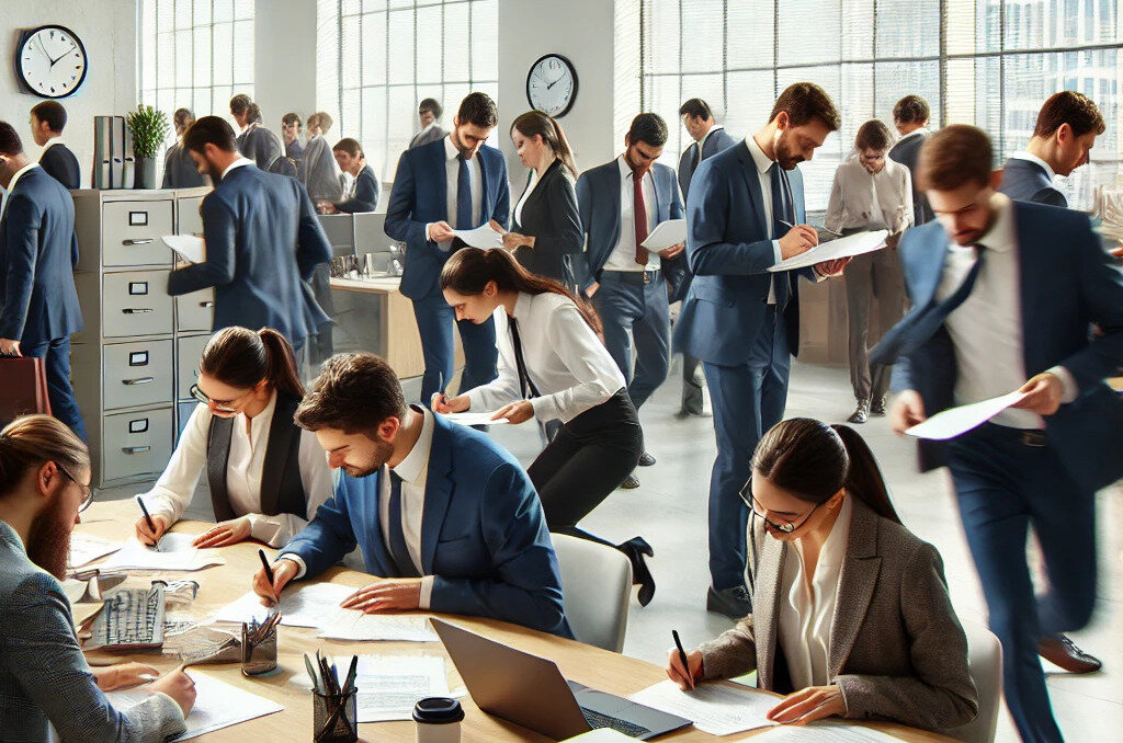 An illustration of agents running around an office trying to get paperwork sorted.