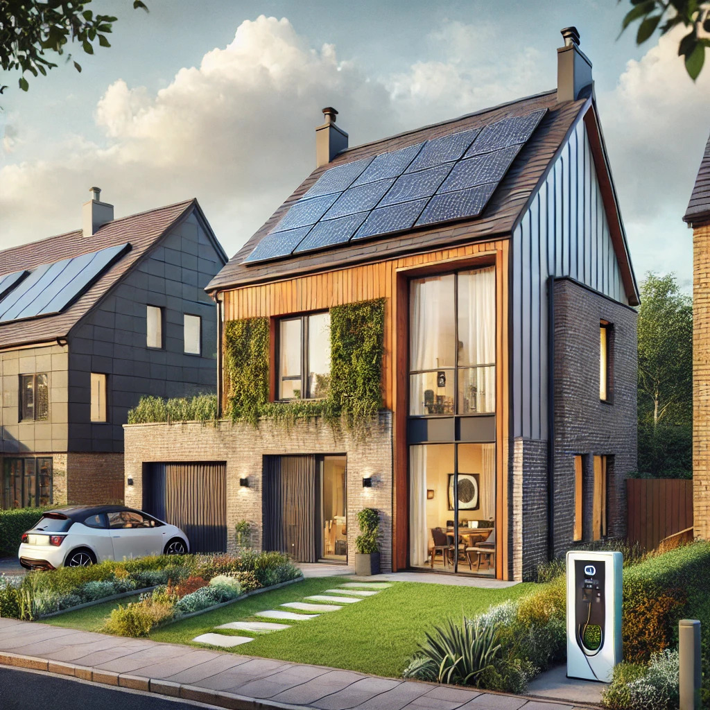 An illustration of an energy efficient home featuring solar panels and an electric car charger outside.