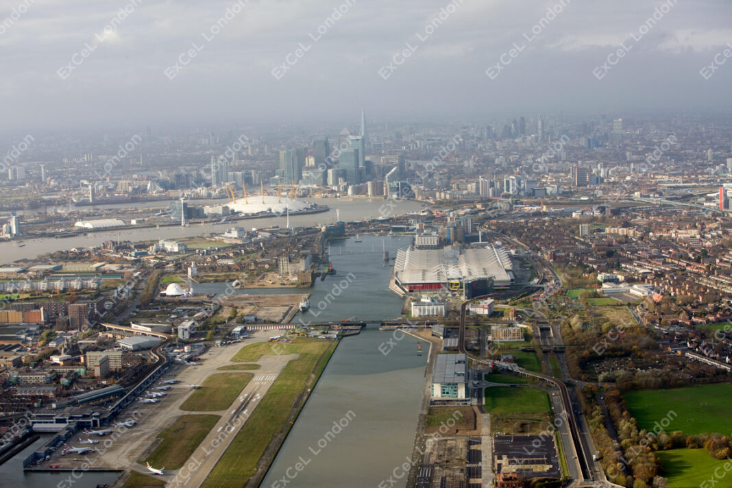 An ariel view of Excel in London with the O2 visible in the background.