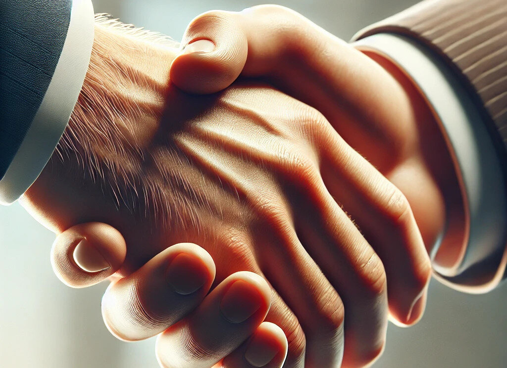 A pair of hands are pictured shaking after signing a deal.