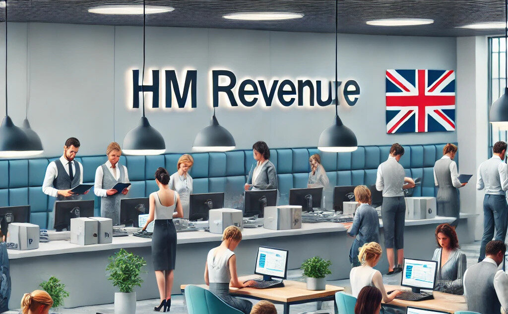 An illustration of workers collecting tax at HM Revenue