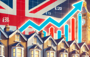 Picture shows an illustration of a a rising graph against a Union Jack background with houses in the foreground and Big Ben in in the background