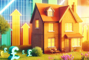 A bright visual image of a house with pound signs around it and arrows pointing upwards.