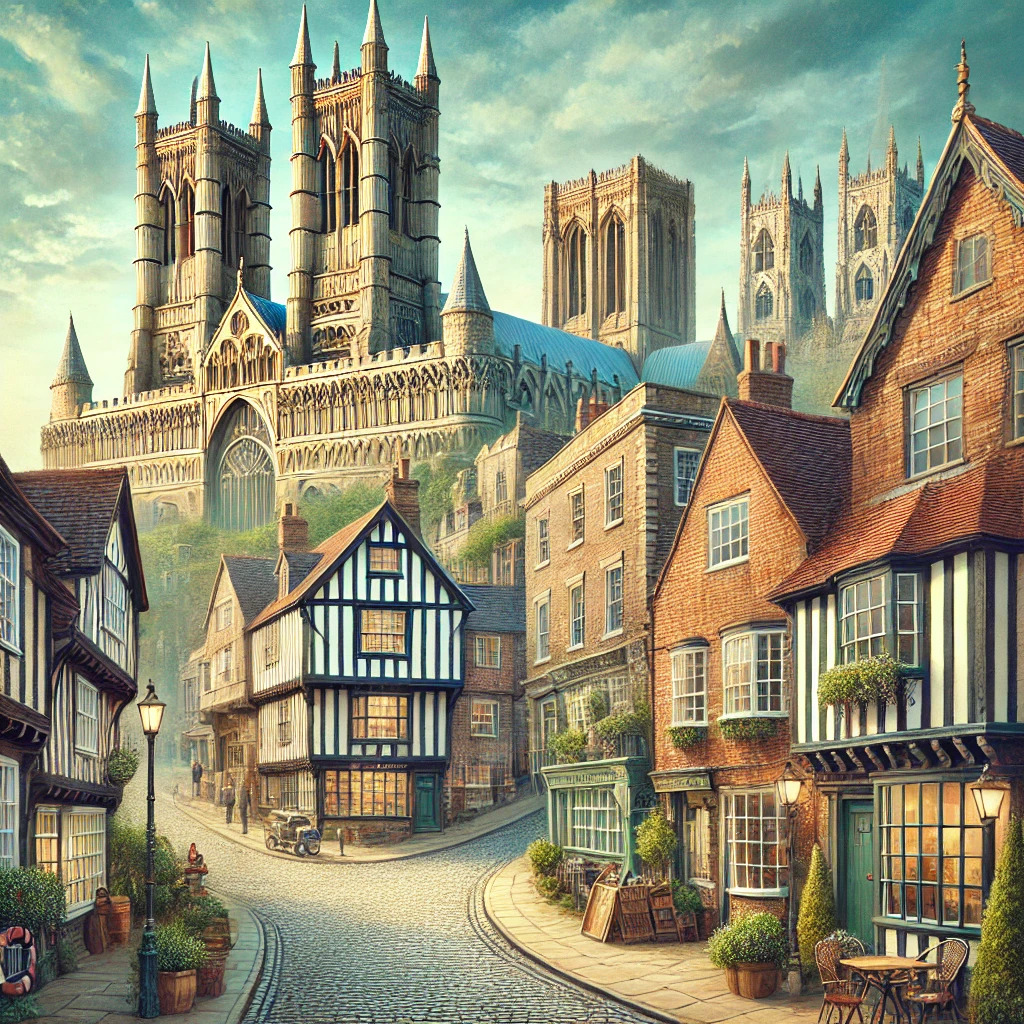 An illustration of the UK's historic towns Lincoln, York, and Canterbury