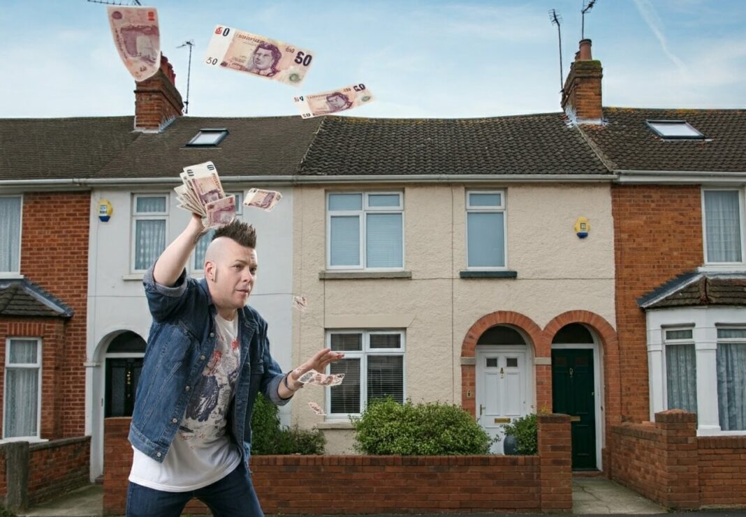 A punk is shown throwing cash in the air after using bridging finance to chain break a property deal