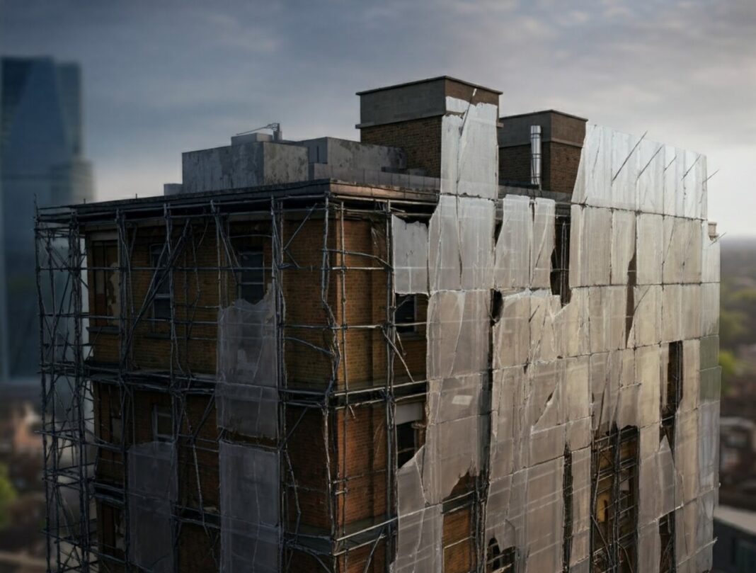 A computer generated image of a building having cladding restored