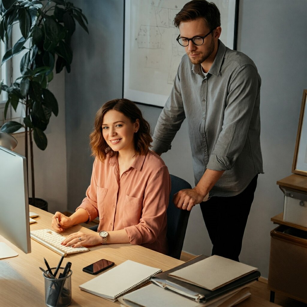 A heterosexual couple are pictured working from home.