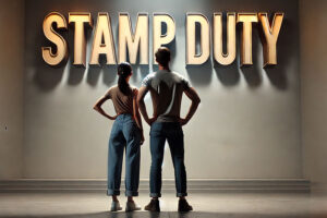 A first-time buyer couple are stood in front of a stamp duty sign