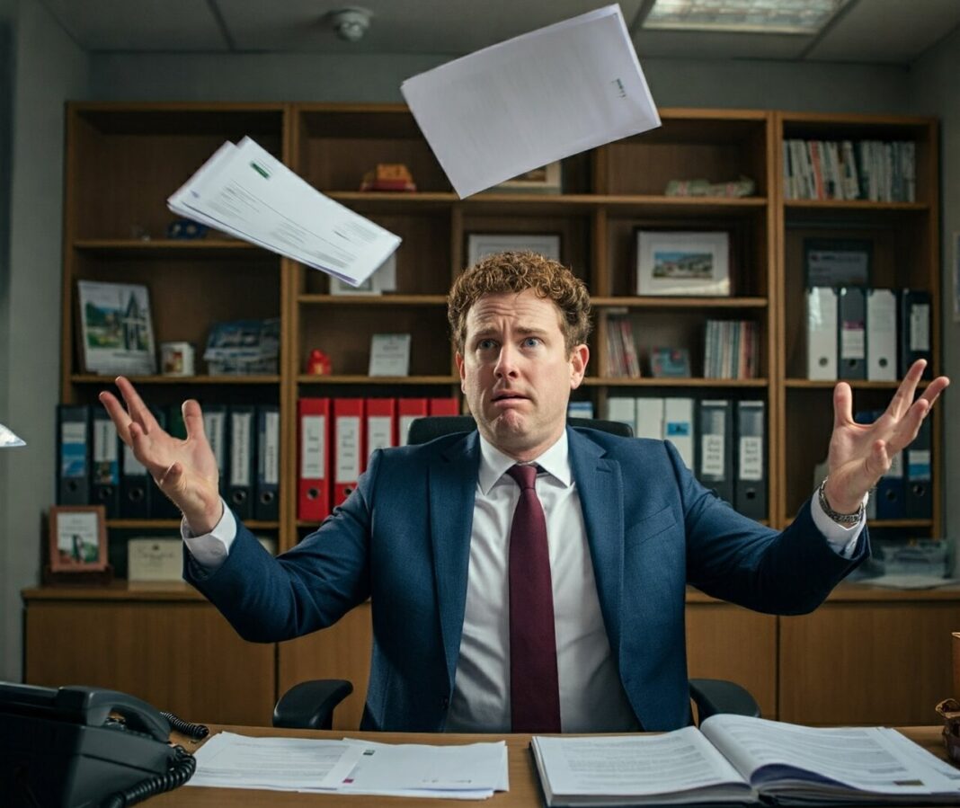 An agent is pictured throwing up paper work as he struggles with material information