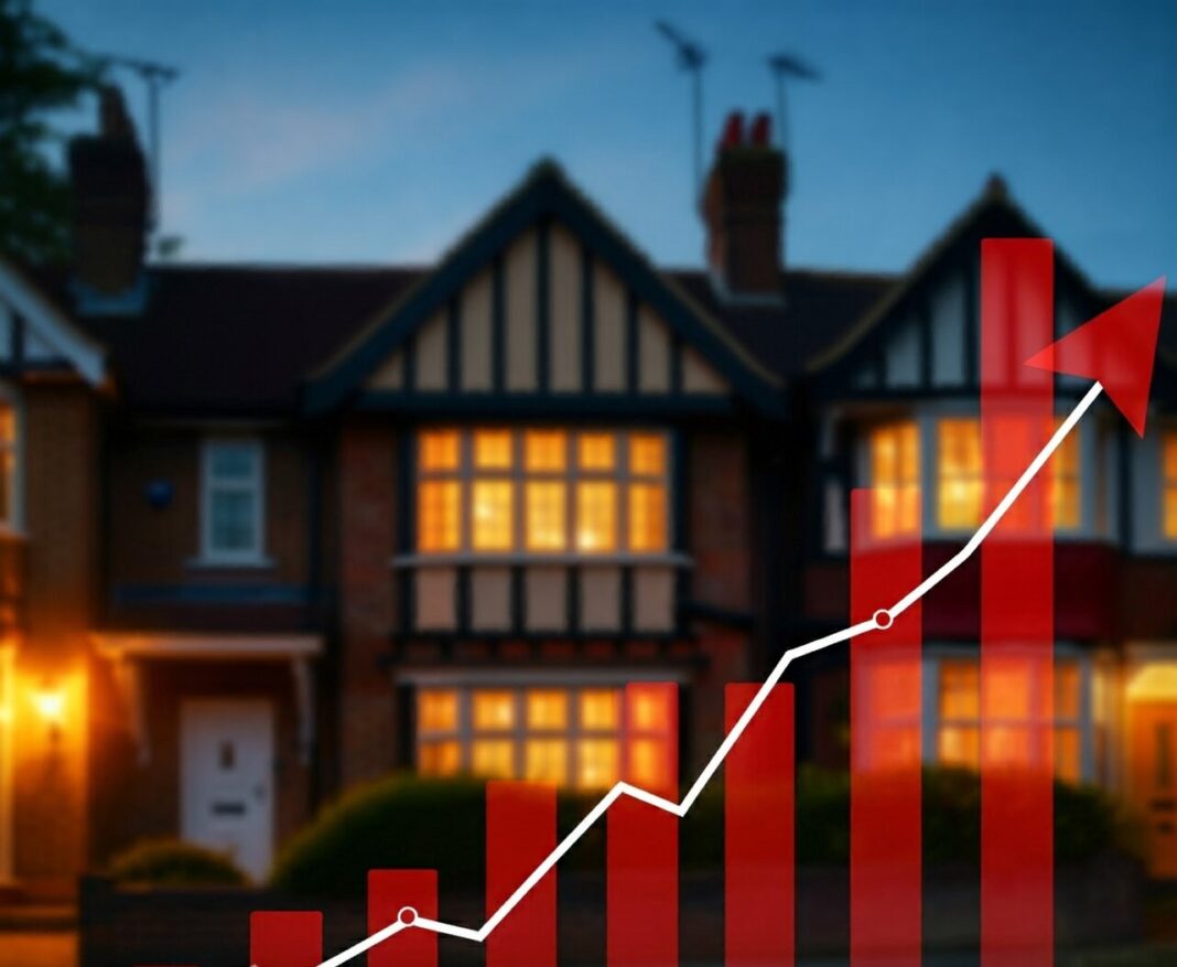 An upwards pointing arrow is overlaid on top of a UK house