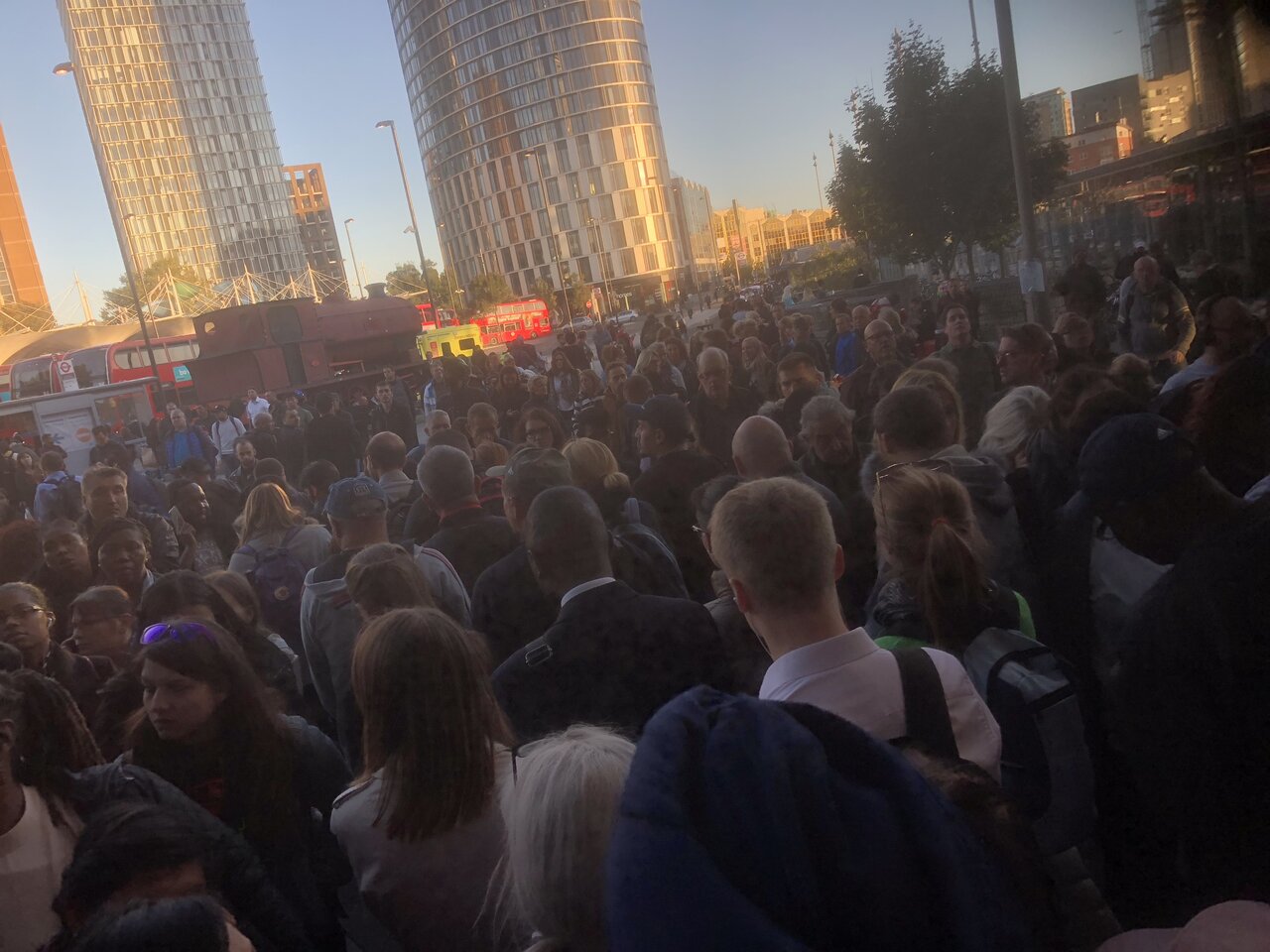 A crowd of people outside Stratford Station, Newham