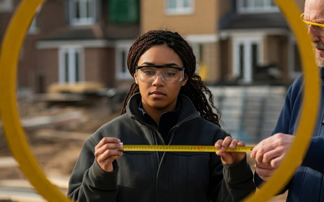 A female surveyor is receiving on the job training