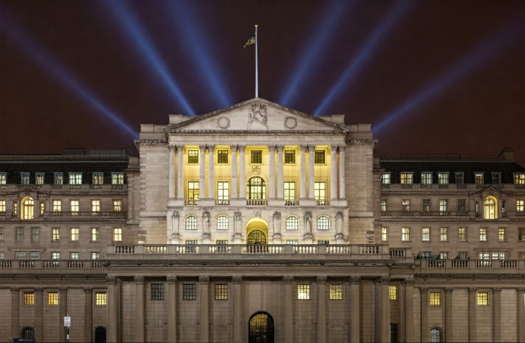 Spotlights shining over a computer generated image of the Bank of England