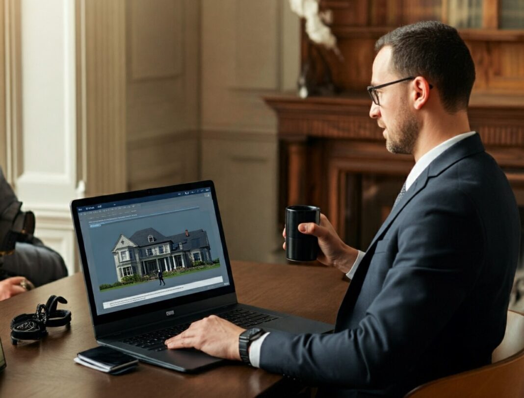 A man is sat behind a desk using his laptop to complete the conveyancing process in a property transaction.