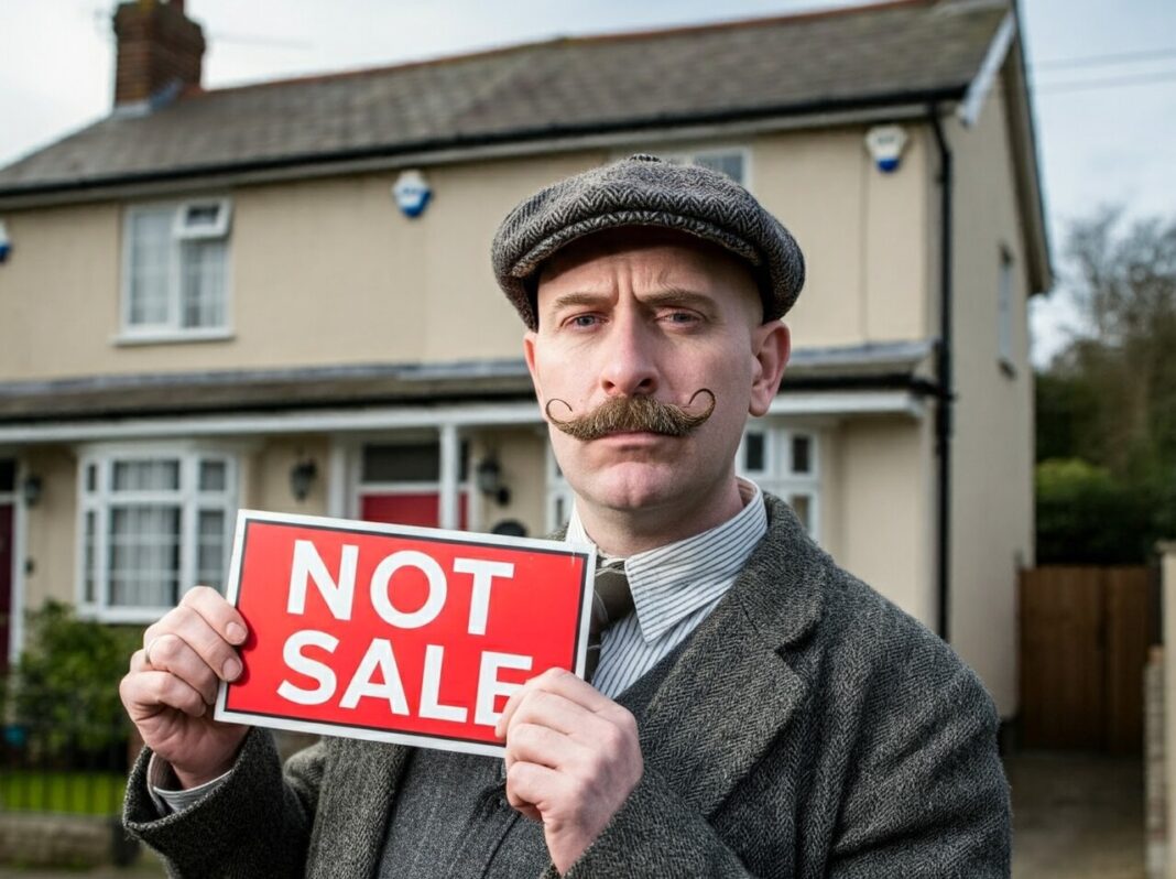 A spice landlord is shown outside a property with a sign saying he is not selling