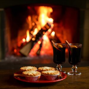 A picture of Mince Pies and Mulled wine in front of an open fire.