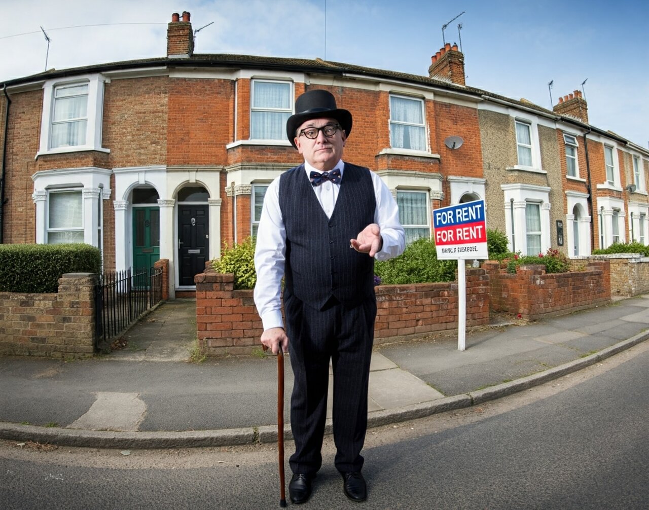 An imaginary spiv landlord is pictured outside of property to rent.