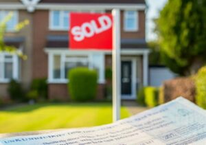 A sold sign in front of a average UK house with some legal documentation that indicates stamp duty has been paid