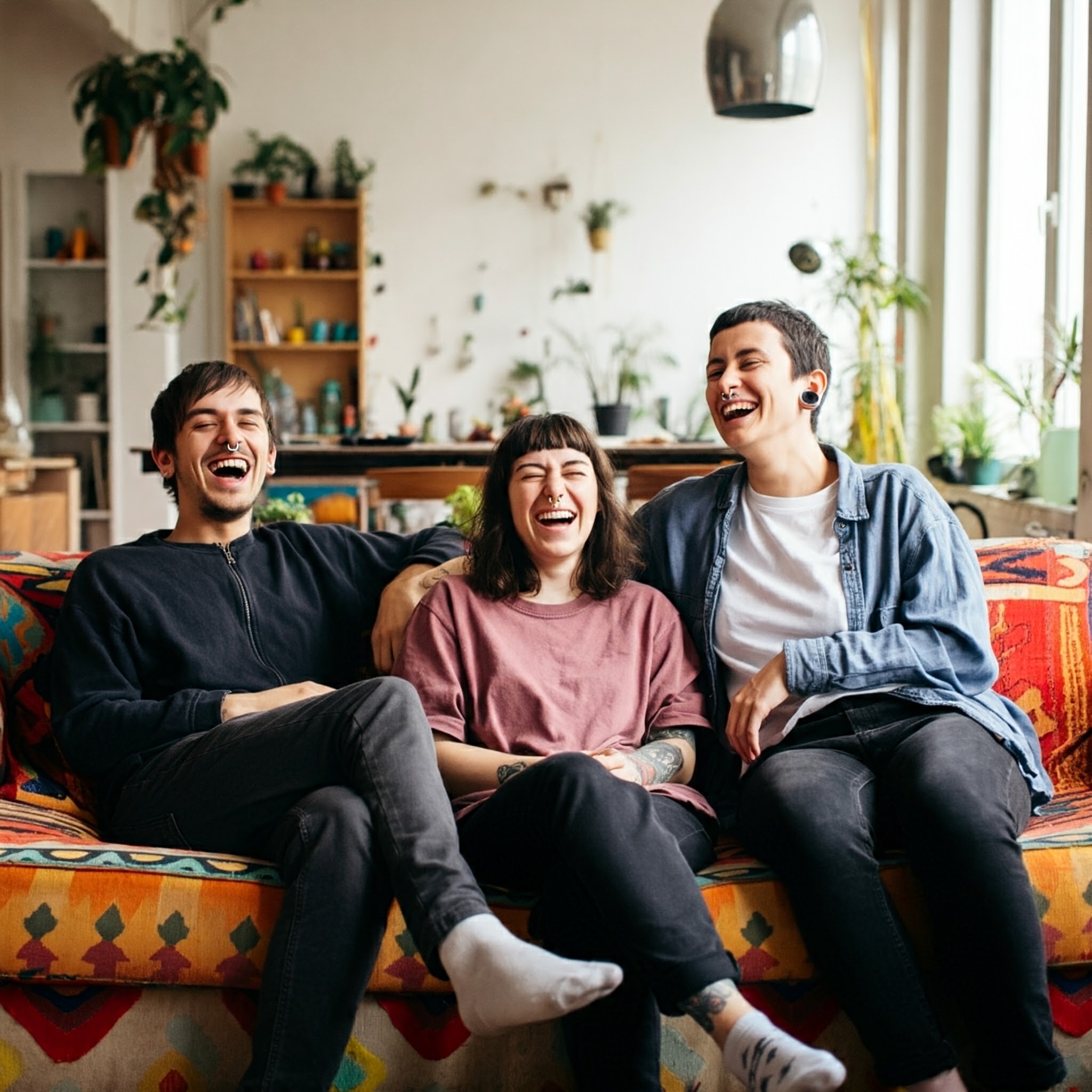 Students sitting on a couch and having a laugh.