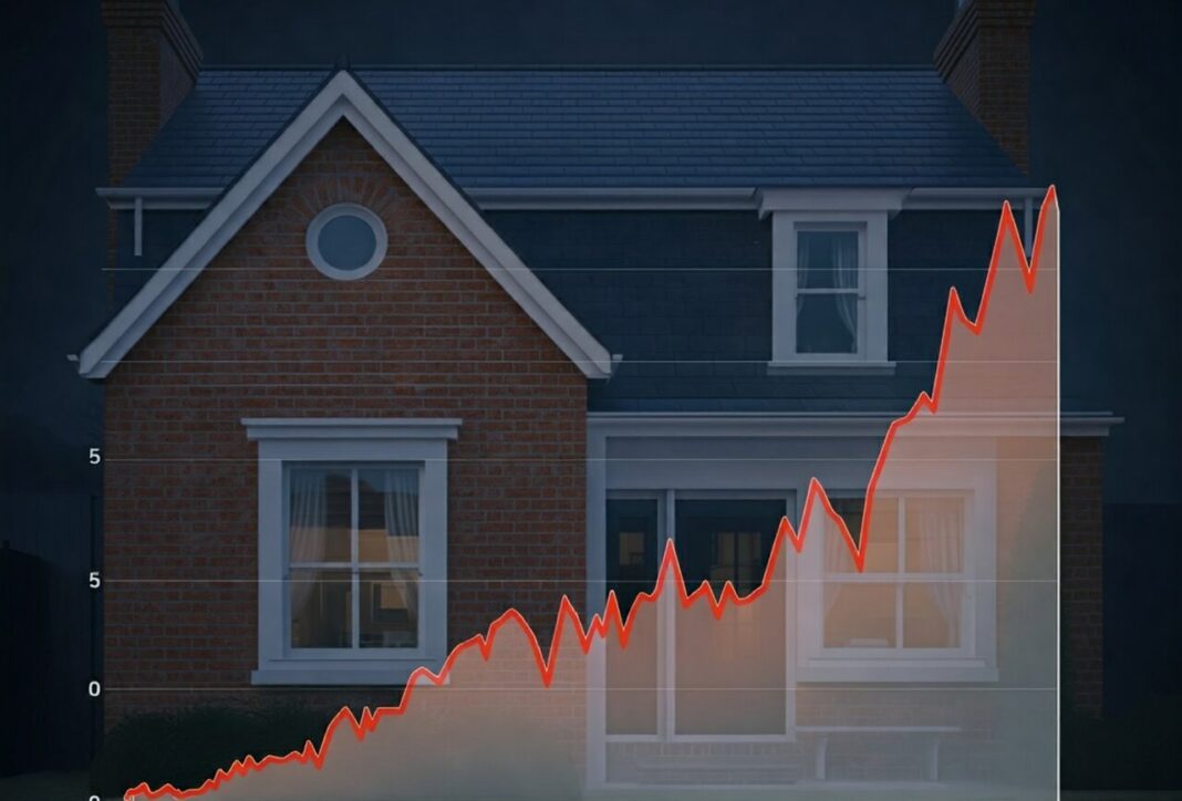 An image of an upwards graph set against a house highlighting how the UK housing market is on the up