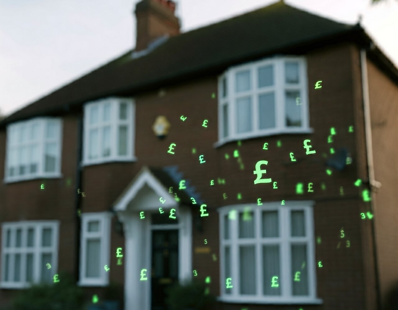 A picture of a UK residential semi-detached house with electronic pound signs floating around it to represent online valuations