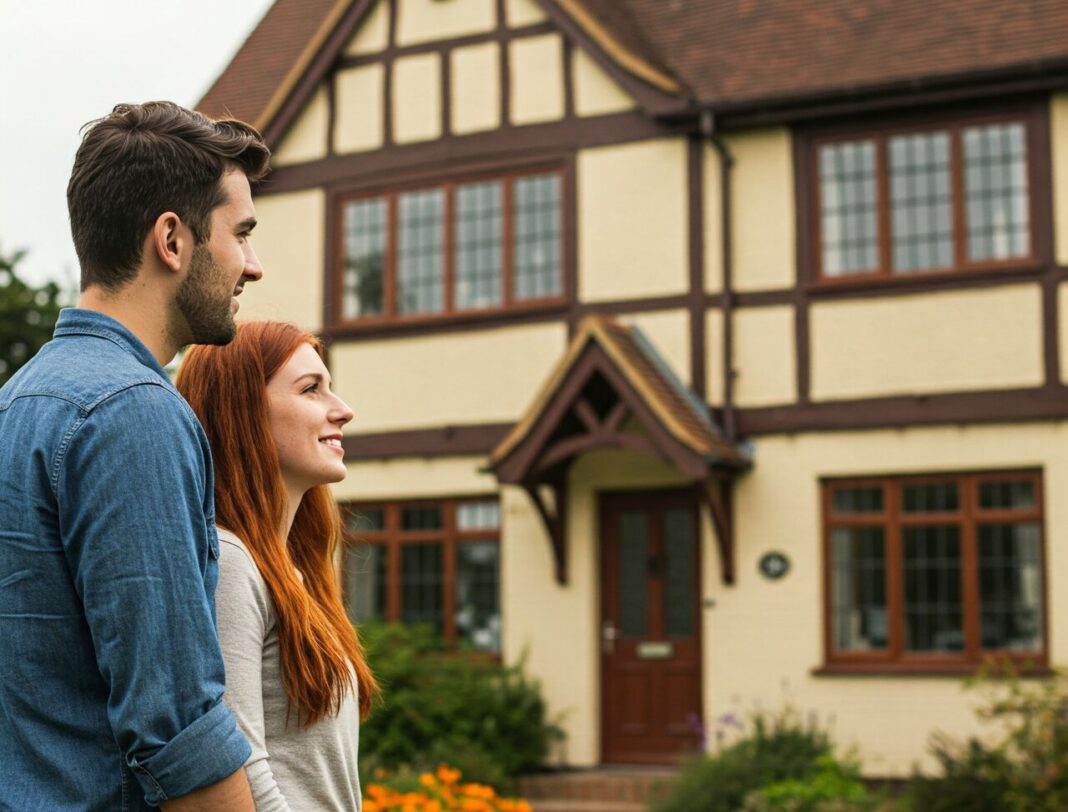 Young hetrosexual couple looking at a house in the Cotswolds