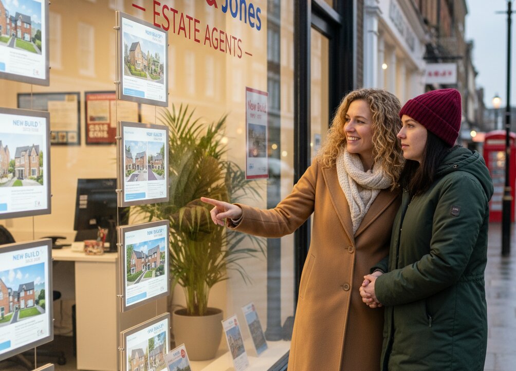 Couple looking at estate agent window