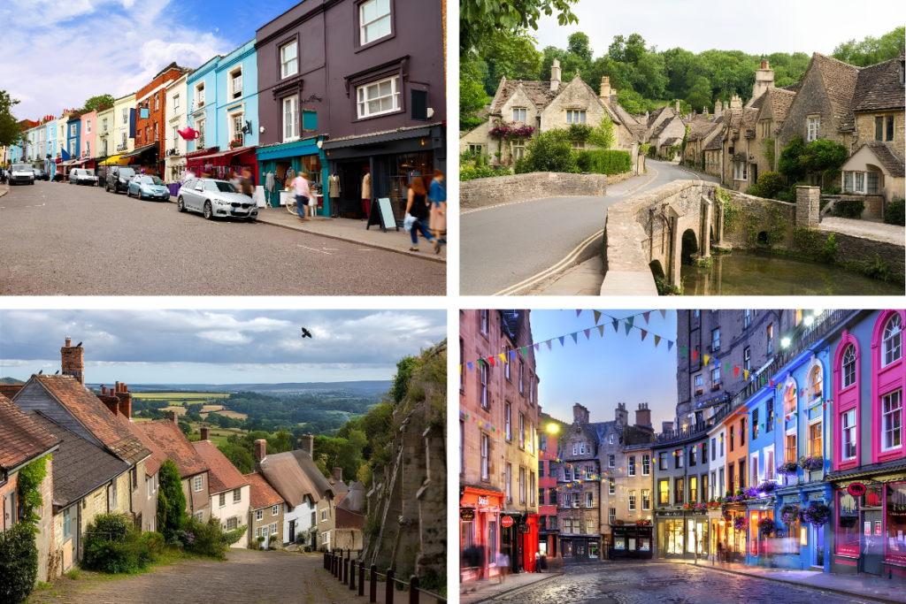 Clockwise from top left: Portobello Road (London), The Street (Castle Combe), Victoria Street (Edinburgh), Gold Hill (Shaftesbury) © Adobe Stock