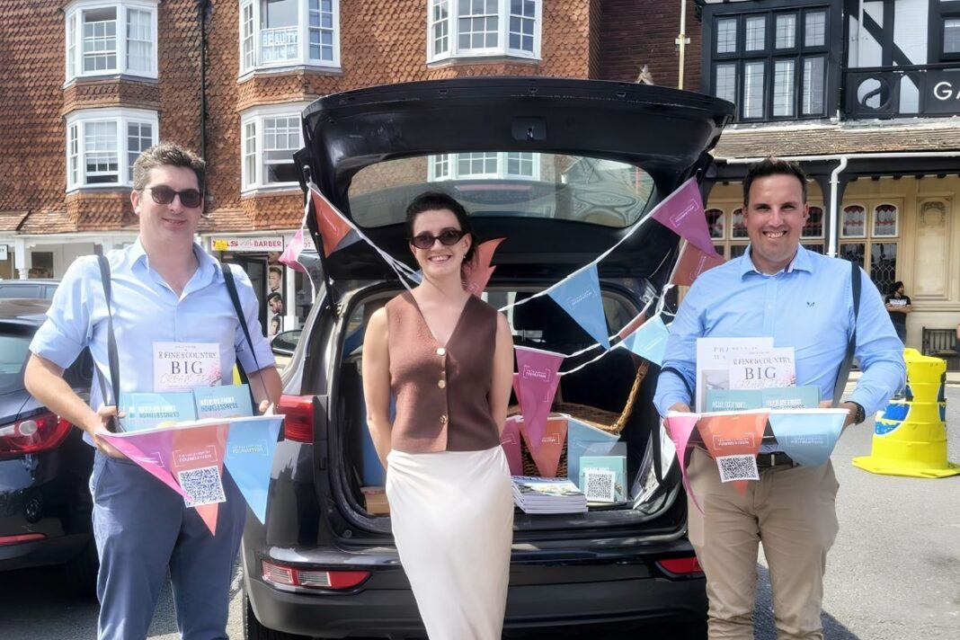 Big Cream Tea raises £500 for homelessness charities Edward Taylor, Kate Ormond, Fine & Country Marlborough and Devizes, and Jack Burton (Fine & Country BDM)
