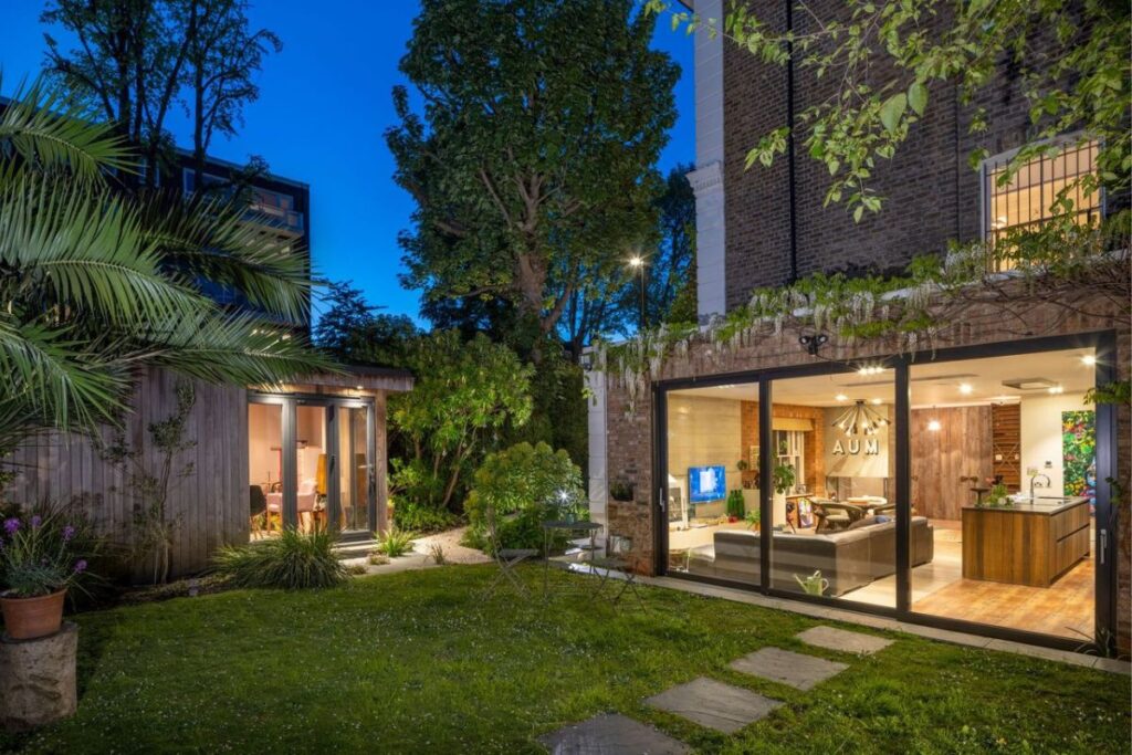 Fairfax Road, studio and main house, dusk.