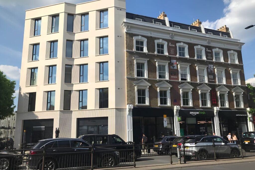 The Pembridge, side facade showing new build and refurb